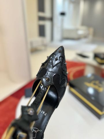 GIÀY CAO GÓT NỮ LBT TEETIAG 10CM MŨI NHỌN QUAI T-STRAP ĐÍNH ĐINH KIM LOẠI PHỐI LƯỚI XUYÊN THẤU