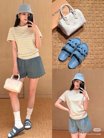 SANDAL NAM NỮ L V SUNSET FLAT COMFORT PHỐI DENIM HAI QUAI ĐIỀU CHỈNH