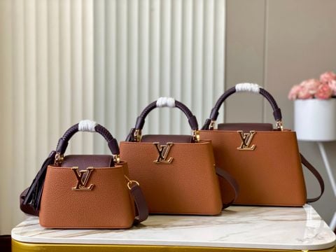 TÚI XÁCH NỮ L V CAPUCINES CRAFTY DA TAURILLON PHỐI HAI TÔNG MÀU TAY CẦM ĐAN THỦ CÔNG ẬP NỔI
