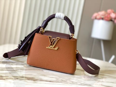 TÚI XÁCH NỮ L V CAPUCINES CRAFTY DA TAURILLON PHỐI HAI TÔNG MÀU TAY CẦM ĐAN THỦ CÔNG ẬP NỔI