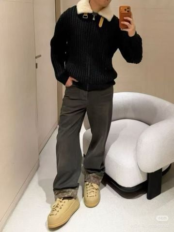 ÁO KHOÁC NAM L V CỔ LÔNG CỪU CASHMERE-WOOL KHÓA KÉO PHOM GỌN SANG TRỌNG