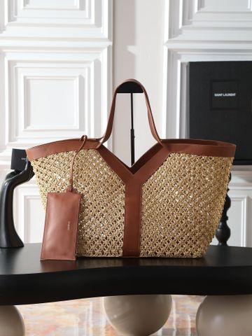 TÚI XÁCH NỮ SL TOTE RAFFIA ĐAN CHỮ Y BIỂU TƯỢNG – VIỀN DA CAO CẤP, PHOM LỚN ĐI RESORT SANG TRỌNG