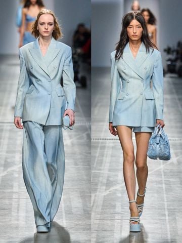 ÁO BLAZER NỮ E S – PHOM DOUBLE-BREASTED CHIẾT EO, VẢI CADY SẮC XANH BĂNG LOANG MỜ