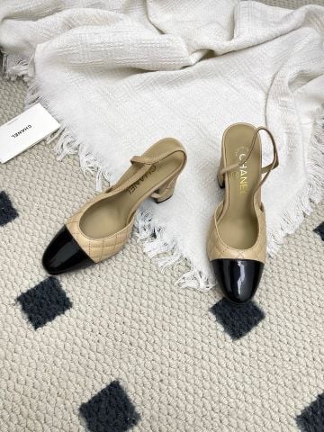 GIÀY Cao gót SLINGBACK CHANE* CAP-TOE BEIGE/BLACK – GÓT 9.5CM, QUILTED KINH ĐIỂN