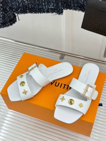 DÉP NỮ L V LV FRAME FLAT MULE MŨI VUÔNG – KHÓA KIM LOẠI ÁNH VÀNG, CHI TIẾT MONOGRAM FLOWER SANG TRỌNG