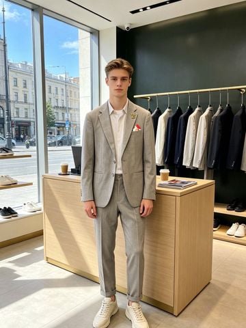 BỘ SUIT NAM L V TAILORED RELAXED FIT – BLAZER VE ÁO SẮC NÉT, QUẦN TÂY RỦ PHOM, PHỤ KIỆN LOGO CAO CẤP