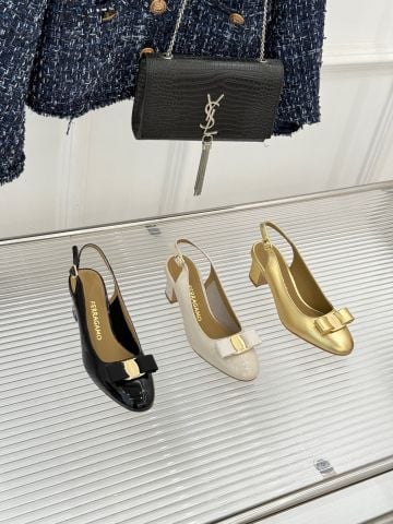 GIÀY CAO GÓT NỮ FRG VARA BOW SLINGBACK DA SƠN BÓNG NƠ KIM LOẠI GÓT 4CM