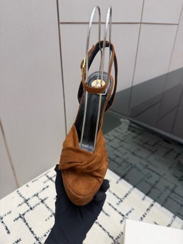 SANDAL CAO GÓT NỮ YSL ĐẾ PLATFORM NÚT XOẮN DA LỘN, GÓT KHỐI PHỦ DA