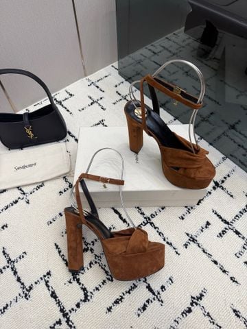 SANDAL CAO GÓT NỮ YSL ĐẾ PLATFORM NÚT XOẮN DA LỘN, GÓT KHỐI PHỦ DA