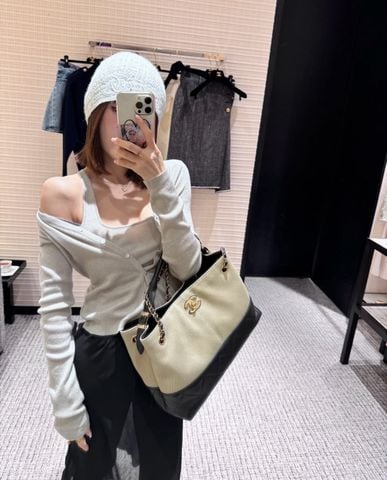 TÚI XÁCH NỮ C N DÁNG HOBO CANVAS PHỐI DA CHẦN Ô TRÁM – BẢN 36CM PHOM MỀM CỰC SANG