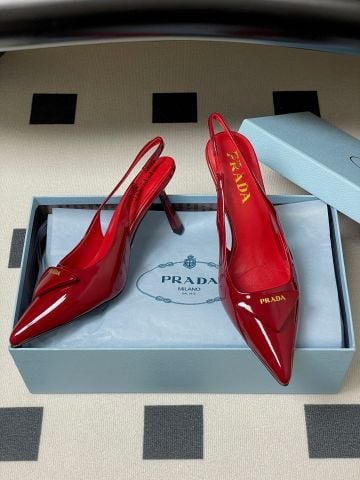 SANDAL CAO GÓT NỮ PRAD* SLINGBACK MŨI NHỌN SƠN BÓNG ĐỎ 7.5CM