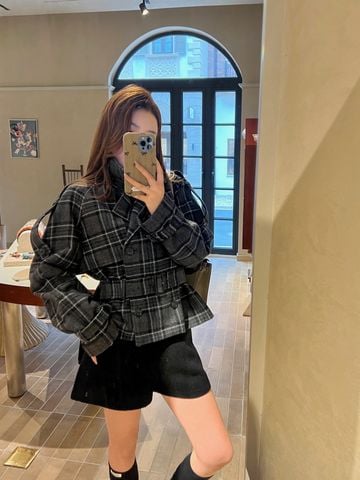 ÁO KHOÁC NỮ BUR CARO DÁNG TRENCH CROPPED THẮT ĐAI EO TÔN PHOM RẤT ĐẸP