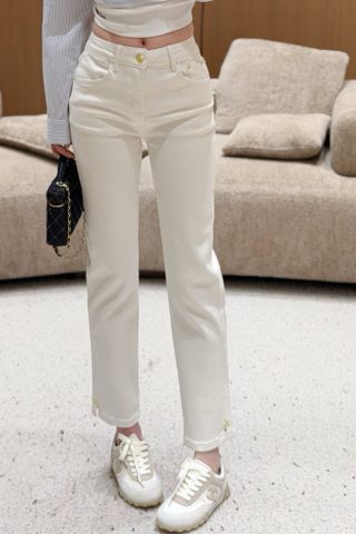 QUẦN JEANS NỮ C N – PHOM SLIM-STRAIGHT CROP 9 TẤC, DENIM CO GIÃN, HARDWARE ÁNH VÀNG