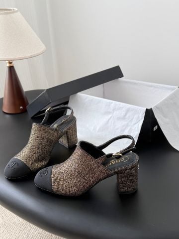 SANDAL CAO GÓT NỮ CHAN* TWEED NÂU MŨI ĐEN GÓT VUÔNG THANH LỊCH