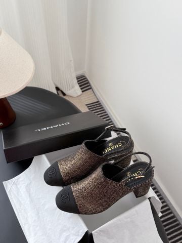 SANDAL CAO GÓT NỮ CHAN* TWEED NÂU MŨI ĐEN GÓT VUÔNG THANH LỊCH