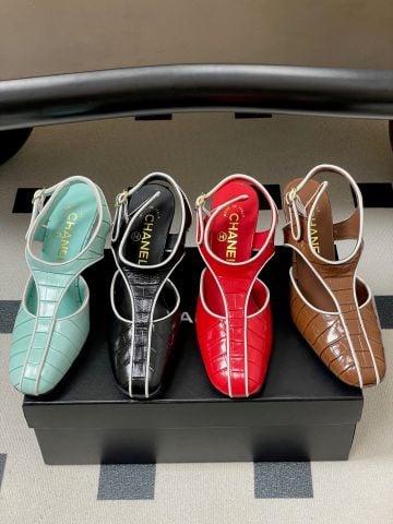 SANDAL CAO GÓT NỮ CN 9CM SLINGBACK MŨI VUÔNG DẬP VÂN NỔI VIỀN TƯƠNG PHẢN SANG TRỌNG