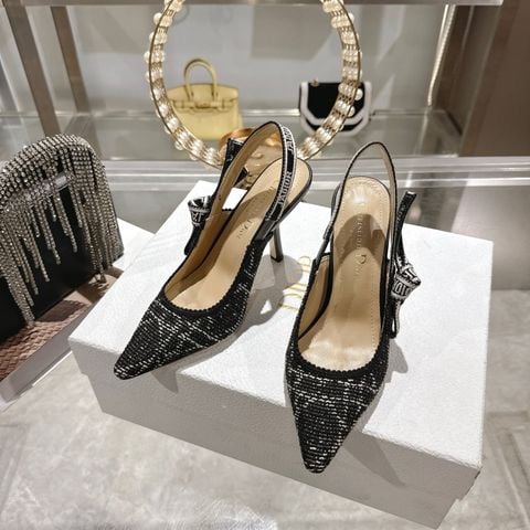 GIÀY CAO GÓT NỮ DR SLINGBACK TWEED DỆT NỔI – NƠ THÊU CHỮ BÊN HÔNG, VIỀN BỆN ÁNH KIM SANG NÉT