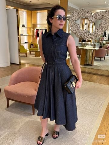 ĐẦM NỮ L V ASYMMETRICAL DENIM SHIRT DRESS – CỔ SƠ MI KHÔNG TAY, THẮT EO MONOGRAM DRAWSTRING