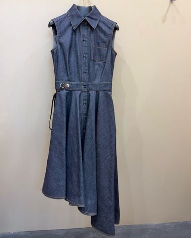 ĐẦM NỮ L V ASYMMETRICAL DENIM SHIRT DRESS – CỔ SƠ MI KHÔNG TAY, THẮT EO MONOGRAM DRAWSTRING