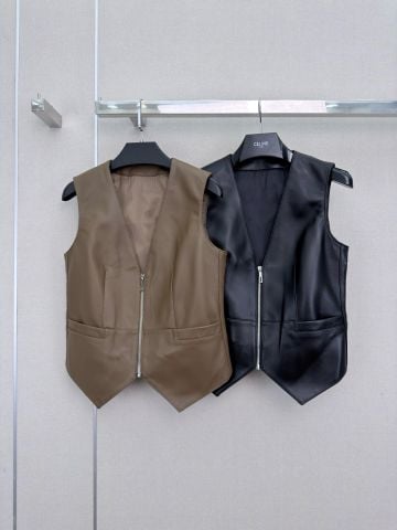 ÁO GILE DA NỮ H M – V-NECK ZIP-UP TAILORED VEST, DA CỪU NON MỀM MỊN