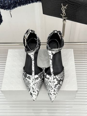 SANDAL CAO GÓT NỮ KH T-STRAP MŨI NHỌN GÓT MÈO DA VÂN RẮN TÔN CHÂN