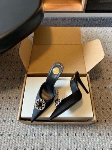 GIÀY CAO GÓT MULE NỮ Y S L MŨI NHỌN ĐÍNH ĐÁ TRANG SỨC – GÓT 10CM