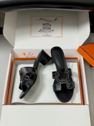 SANDAL CAO GÓT NỮ HERM* DÁNG MULE H-CUT, DA BÒ NÂU, GÓT 5CM