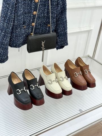 GIÀY NỮ CAO GÓT GUCC* DA NÂU KHÓA KIM LOẠI GÓT 9CM CHẮC CHÂN