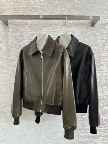 ÁO KHOÁC DA NỮ B V PHOM AVIATOR BLOUSON DÁNG NGẮN, CỔ INTRECCIATO PHỐI MÀU HIỆN ĐẠI