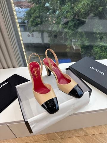GIÀY CAO GÓT NỮ C N PHOM SLINGBACK MŨI VUÔNG DA CỪU PHỐI DA BÓNG