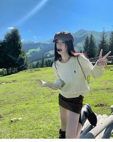 ÁO LEN NỮ CAO CẤP RL THÊU LOGO NGỰC – DỆT THỪNG “CABLE KNIT” SANG MỊN