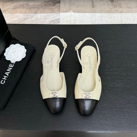 GIÀY NỮ CHNEL* SANDAL HỞ GÓT 2 TÔNG MÀU ĐEN KEM GÓT THẤP