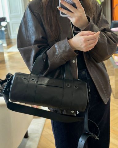 TÚI XÁCH NAM NỮ PRAD* DÁNG BOWLING BAG DA HIỆU ỨNG VINTAGE PHỐI KHOEN KIM LOẠI CÁ TÍNH