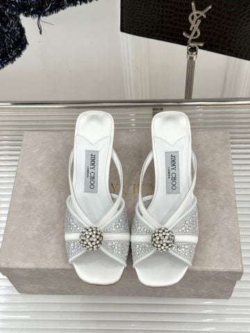 SANDAL CAO GÓT NỮ JC ĐÍNH PHA LÊ LẤP LÁNH PHỐI NƠ SATIN MŨI NHỌN KIÊU SA