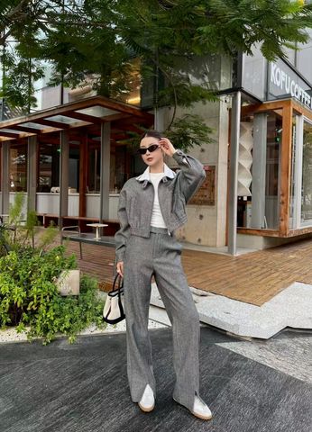 SET ÁO KHOÁC NGẮN & QUẦN TÂY NỮ MIU* XÁM HERRINGBONE PHỐI CỔ TRẮNG TÔN DÁNG THANH LỊCH