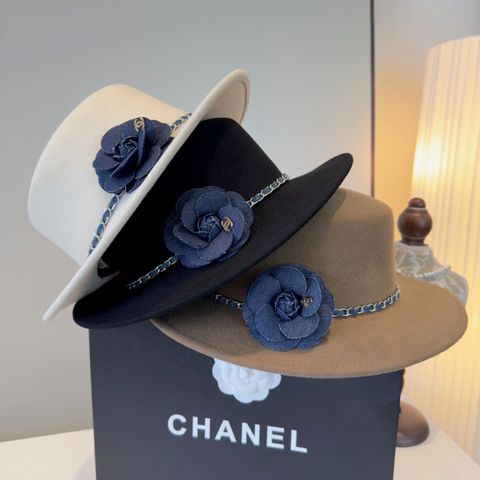MŨ NỮ CHANEL* NỈ LEN THU ĐÔNG DÁNG PHẲNG – HOA CAMELLIA, VIỀN XÍCH