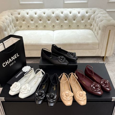 Giày nữ CHNEL*  búp bê mũi vuông hoa trà dây cổ chân da cừu