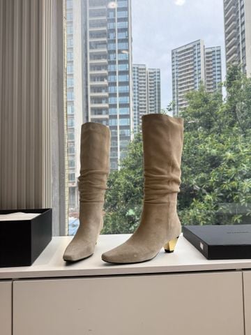 BỐT NỮ CAO CỔ MŨI VUÔNG PHOM RŨ DA DÊ LỘN PHỐI DA BÒ, GÓT KHỐI ÁNH KIM