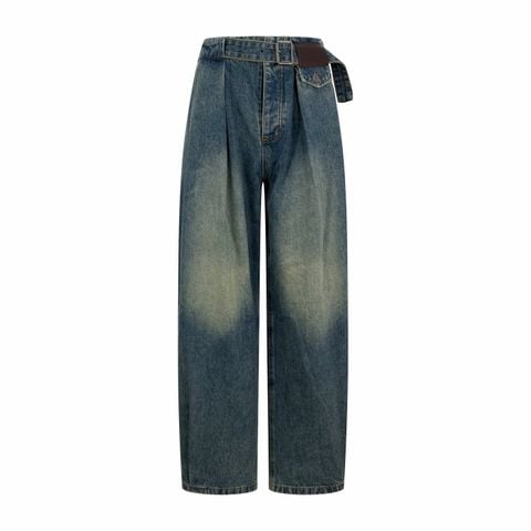 QUẦN JEANS NỮ L* PHOM ỐNG RỘNG XẾP LY LỆCH ĐAI DA PHỐI KHÓA KIM LOẠI