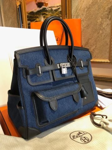TÚI XÁCH NAM NỮ H M BIRKIN CARGO 35 DENIM MOYEN PHỐI DA SWIFT NOIR