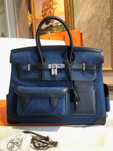 TÚI XÁCH NAM NỮ H M BIRKIN CARGO 35 DENIM MOYEN PHỐI DA SWIFT NOIR