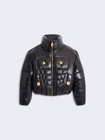 ÁO PHAO NỮ SCH*  – CROPPED CỔ ĐỨNG, ĐEN ÁNH BÓNG – NÚT KIM LOẠI TÔNG VÀNG