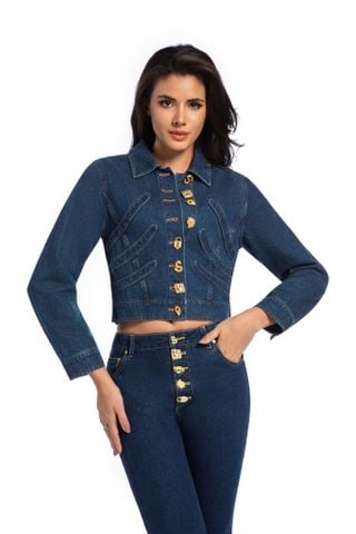 ÁO KHOÁC JEANS NỮ Sch* | CROPPED TÔN EO – CÚC VÀNG ĐIÊU KHẮC 3D