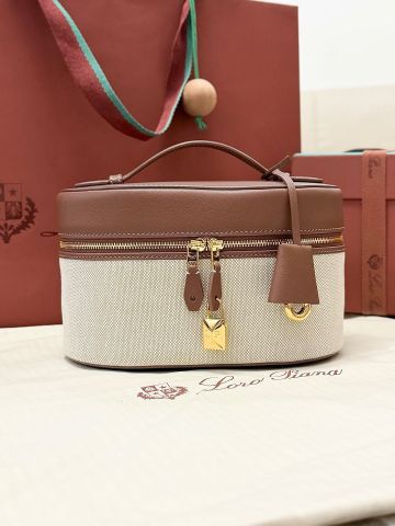 TÚI XÁCH NỮ LP EXTRA VANITY CASE PHỐI CANVAS COTTON-LINEN VIỀN DA CARAMEL KHÓA SUN GOLD