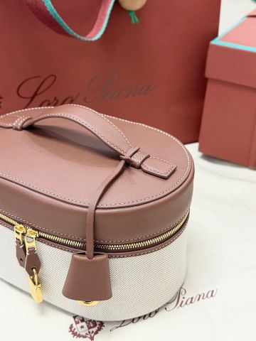 TÚI XÁCH NỮ LP EXTRA VANITY CASE PHỐI CANVAS COTTON-LINEN VIỀN DA CARAMEL KHÓA SUN GOLD
