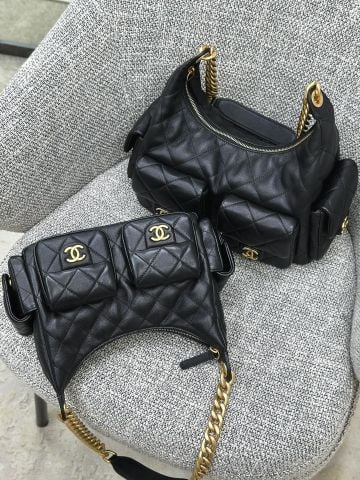 TÚI HOBO NỮ CN DÒNG 25C CHẦN BÔNG QUAI XÍCH VÀNG CỔ ĐIỂN