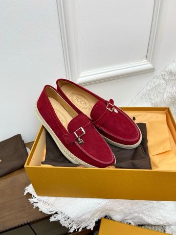 GIÀY LOAFER NỮ T O D’S DOUBLE T-RING DA LỘN MŨI MOC-TOE VIỀN RAFFIA ĐẾ CAO SU 2,5 CM