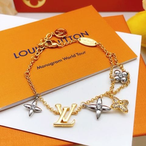 VÒNG TAY NỮ L V CHARM MONOGRAM PHỐI HOA ĐÍNH ĐÁ – DÁNG DÂY XÍCH THANH MẢNH