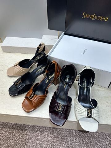 SANDAL CAO GÓT NỮ Y S L PHOM OPEN-TOE DA CỪU XẾP NẾP, GÓT BLOCK 6,5CM