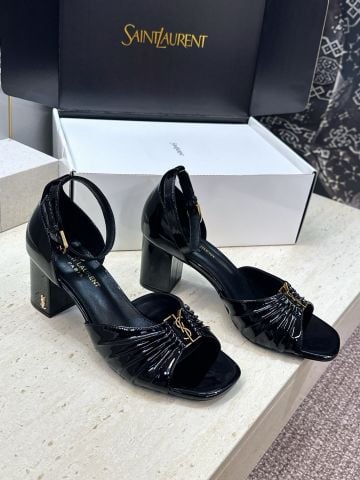SANDAL CAO GÓT NỮ Y S L PHOM HỞ MŨI QUAI XẾP NHÚN DA CỪU PATENT, GÓT KHỐI 6,5CM